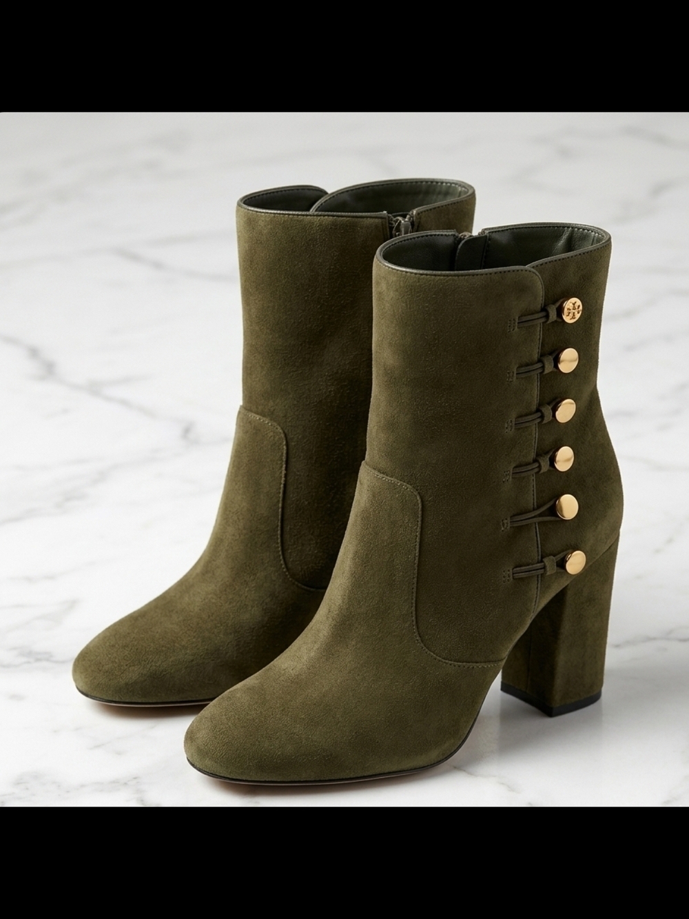 GUESS Olive Suede Block Heel Ankle Boots with Gold Buttons